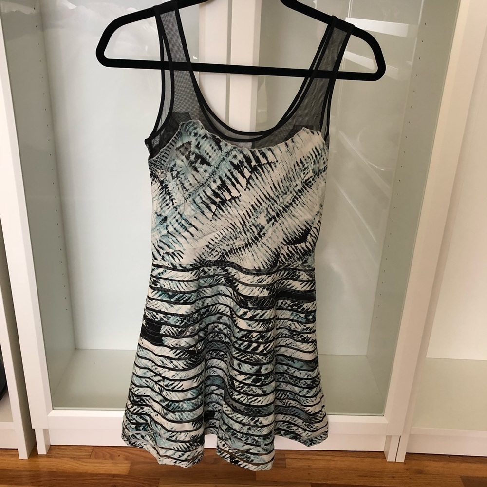 Green black cream print mesh strap A line dress